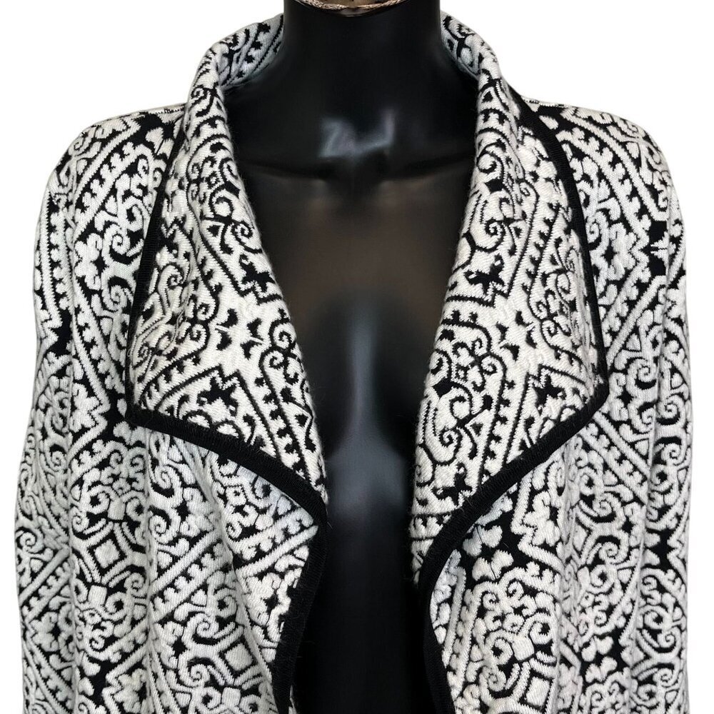Icelandic Design Black White Jacquard Knit Cardigan Coat Medium Wool Blend - Picture 7 of 10